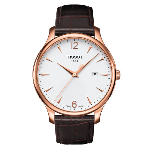 TISSOT/天梭  俊雅系列18K金玫瑰金PVD精鋼表殼棕色皮革表帶男士石英腕表 42毫米